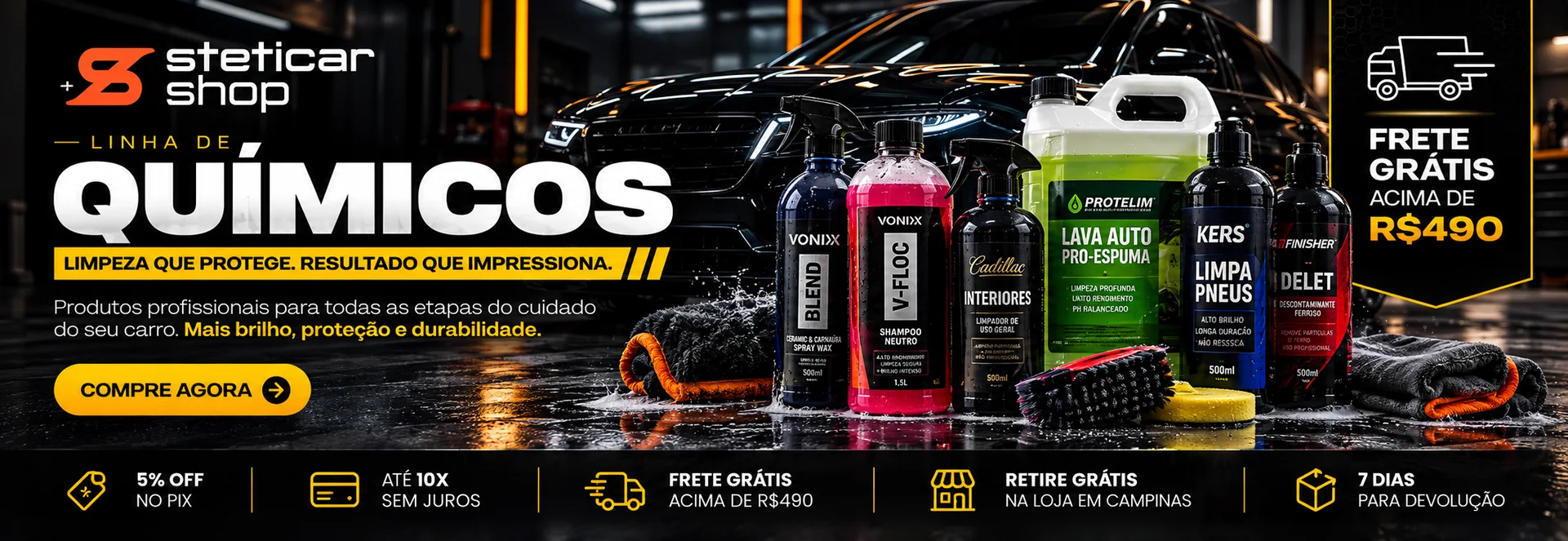 Steticar Shop — Linha de químicos: limpeza que protege, resultado que impressiona
